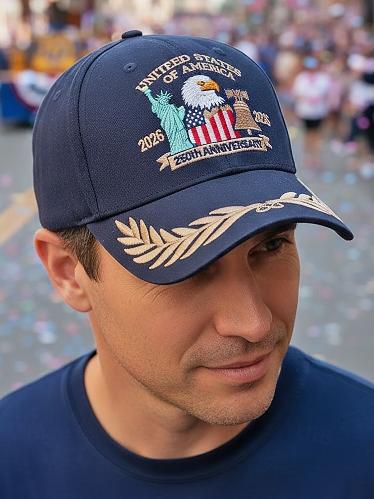 Męska haftowana czapka baseballowa z poliestru z orłem i flagą amerykańską, wielokolorowa, regulowana, patriotyczna czapka na 250. rocznicę USA, Dzień Niepodległości, strój na co dzień, stylizację na podróże i wakacje 2026 - $14.99 –P1