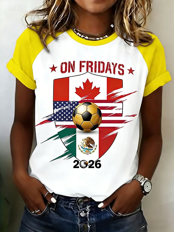Femmes T-shirt Imprimé Graphique Équipe de football Élégant Classique Occasionnel Manche Courte Col ras du cou Hauts Réguliers Quotidien Jaune Rouge Vert Été Printemps de 2026 ? $21.99 –P2