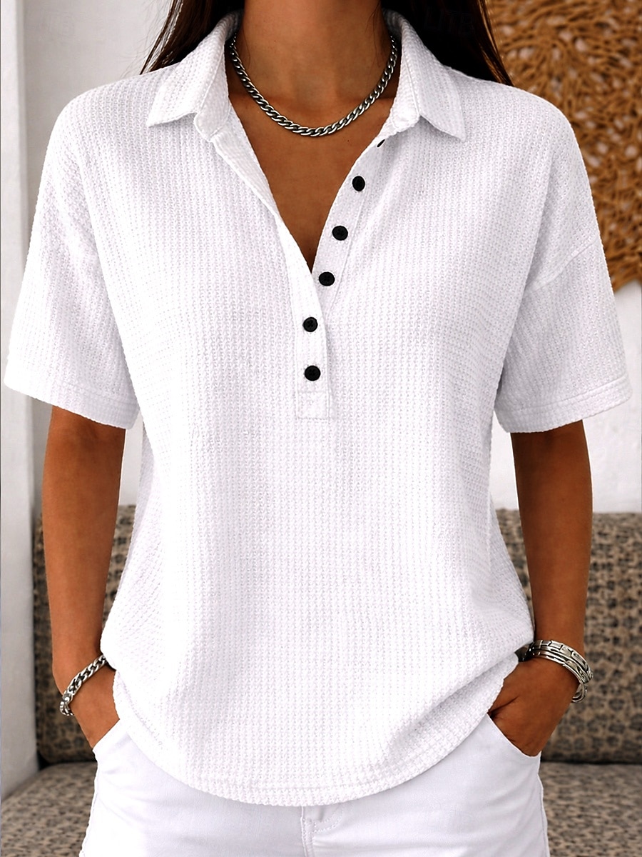 Vrouwen Wafel Tuniek Knopen Effen Kleur Eenvoudig Vintage Stijlvol Klassiek Korte Mouwen Omgeslagen Reguliere Tops Dagelijks Wit Roze Lichtblauw Zomer Lente 2026 - $27.99 –P8