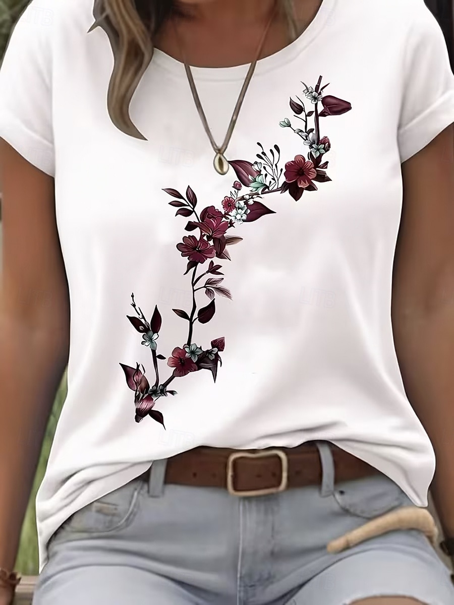 Women's T Shirt Print Floral Graphic Stylish Classic Casual Short Sleeve Crew Neck Round Neck Regular Tops Daily Blue White Pink Gray Summer Spring 2026 - $22.99 –P1