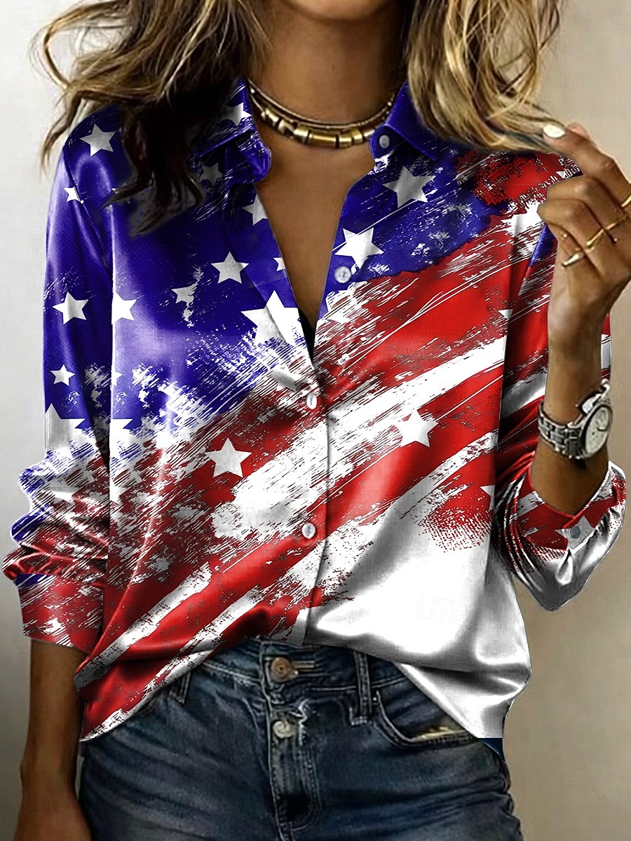 Dia da Independência Americana Mulheres Camisa Social Blusa de cetim camisa de botão Camisa casual Imprimir Gráfico Bandeira Clássico Casual Manga Longa Colarinho de Camisa Tops regulares Diário de 2026 por $28.99 –P1