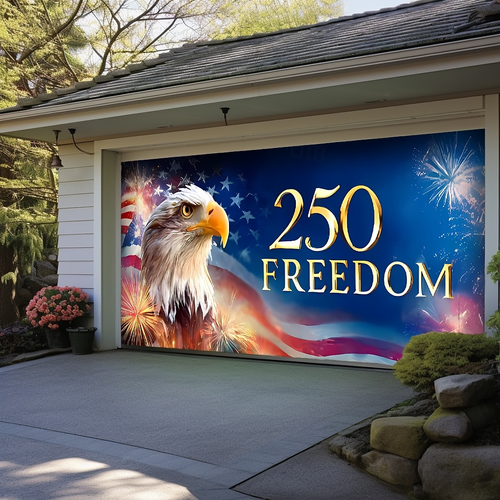 4. juli 2026 250-års minnedag 250 Frihet Bald Eagle Amerikansk flagg fyrverkeri Garasjeport banner utendørs patriotisk dekorasjon uavhengighetsdag 4. juli feiring bakgrunn 2026 - $49.99 –P2
