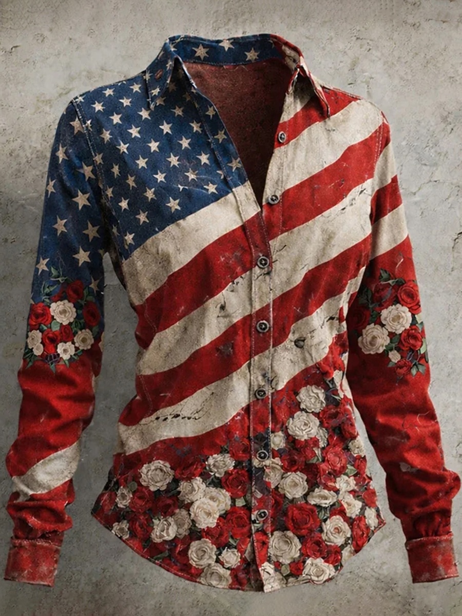 Jour de l'Indépendance Américaine Femmes Chemise Chemisier Patchwork Boutons Imprimé Graphique Drapeau ancien Élégant Occasionnel manche longue Col de chemise Hauts Réguliers Quotidien Bleu Rouge Ét de 2026 ? $32.99 –P1