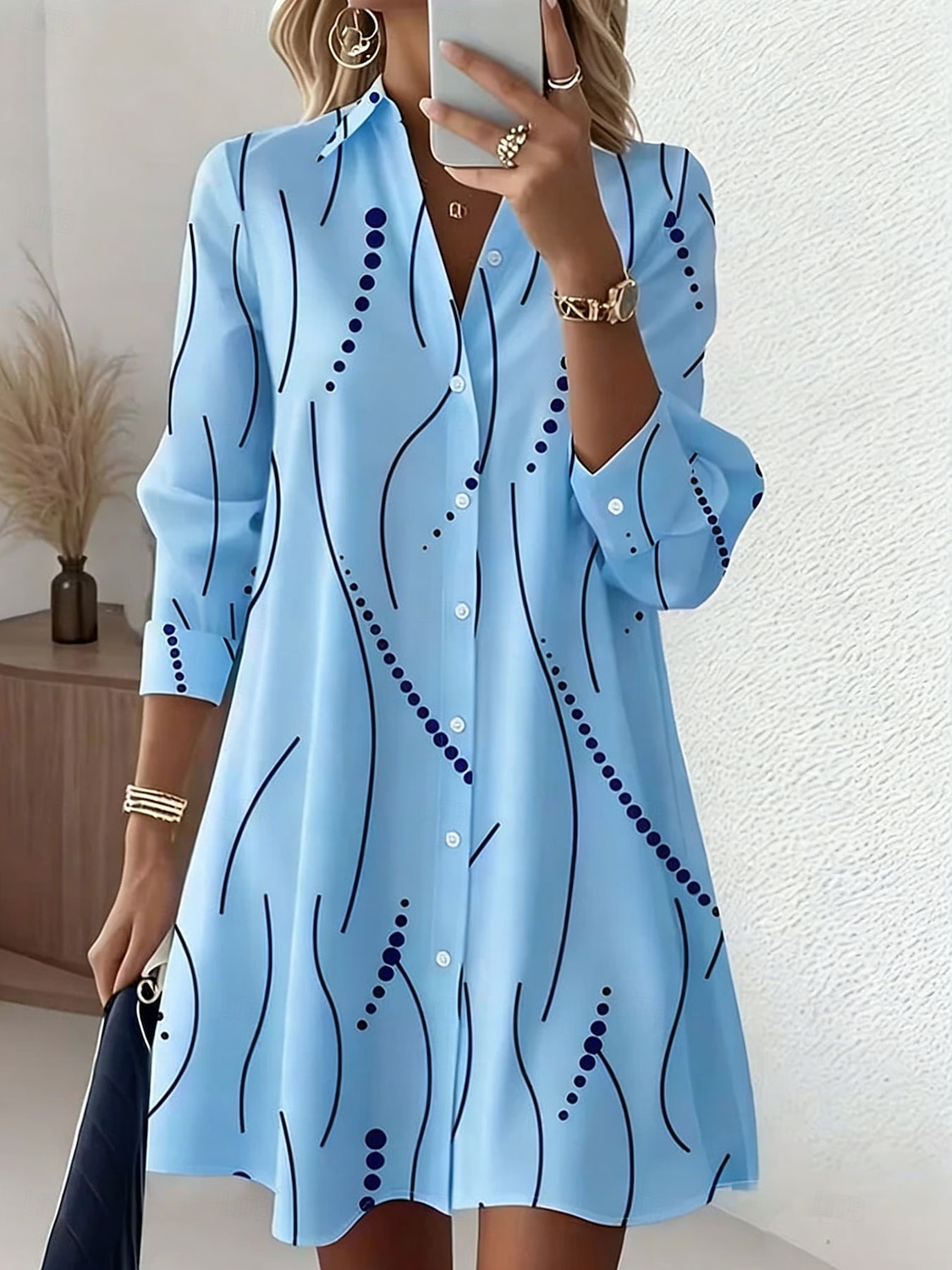 Pentru femei Rochii Lungime Genunchi Rochii Tip Cămașă Vacanță Gril pe Kamado Casual Plajă Fit regulat Grafic Buline Abstract Manșon Lung Rever Albastru piscină Alb Roz Îmbujorat Mov Vară Primăvară 2026 - $44.99 –P4