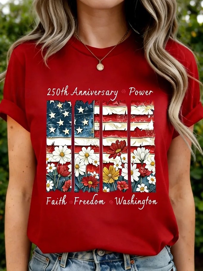 American Independence Day Women's T Shirt Print Graphic Letter American Flag Stylish Classic Casual Short Sleeve Crew Neck Regular Tops Daily Black White Red Navy Blue Beige Summer Spring 2026 - $22.99 –P4