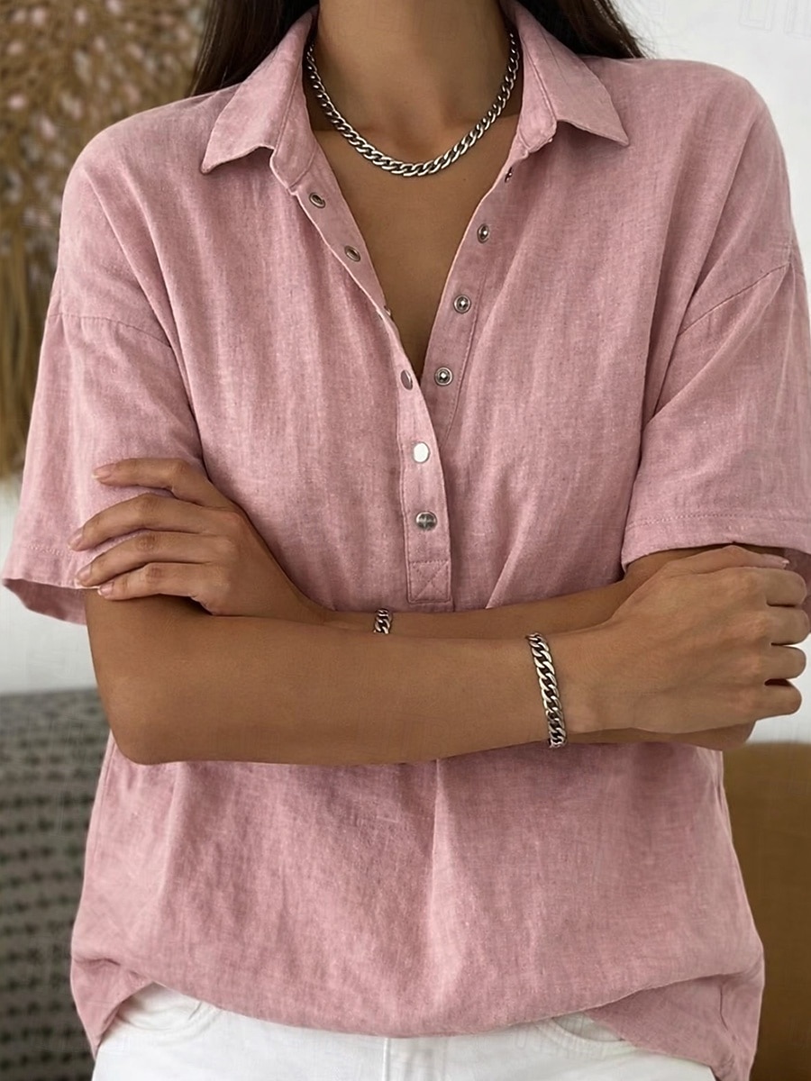 Women's Shirt Linen-feel Shirts Vintage Stylish Short Sleeve Turndown Regular Tops Daily Work Holiday Blue Black White Pink Light Brown Summer Spring 2026 - $28.99 –P2