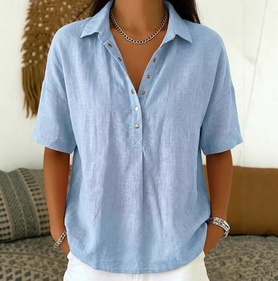 Women's Shirt Linen-feel Shirts Vintage Stylish Short Sleeve Turndown Regular Tops Daily Work Holiday Blue Black White Pink Light Brown Summer Spring 2026 - $28.99 –P3