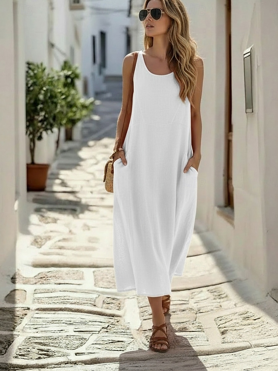 Per donna Abito Midi Finto cotone e lino Vestito Canotta Moderno All'aperto Vacanza Ferie Vestibilità comoda Semplice Senza Maniche Collo a U Bianco Rosa Arancione Estate Primavera del 2026 a $17.49 –P1