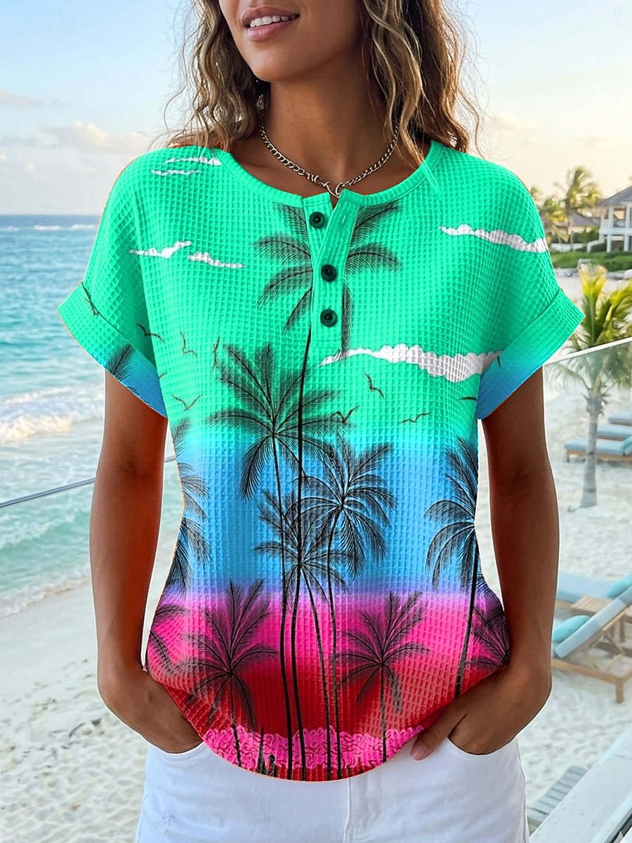 Top in maglia waffle per donna T-shirt a blocchi di colore grafica geometrica elegante classica maniche corte a girocollo top regolari sportivi quotidiani blu viola arancione verde estivo primaverile del 2026 a $24.99 –P2