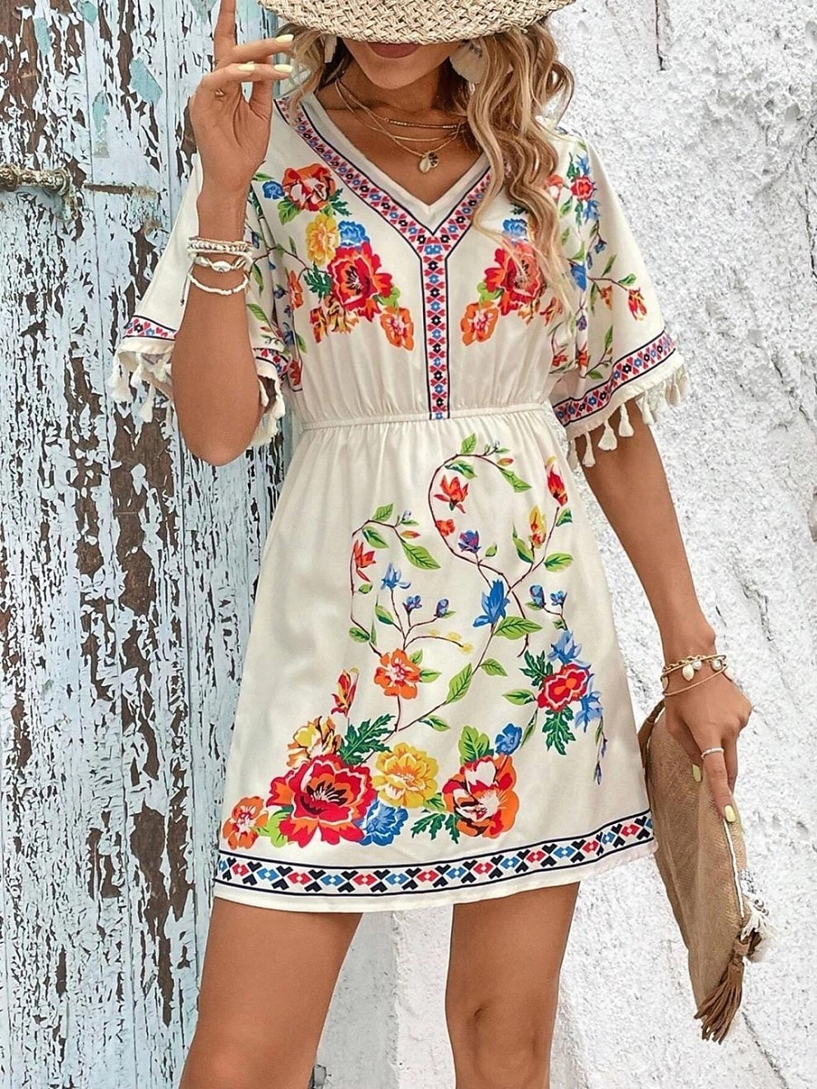 Dames Mini-jurk Boho-jurk Casual jurk Bloemetjesjurk Elegant Modieus Modern Buiten Vakantie Uitgaan Normale pasvorm Bloemig Korte mouw V-hals blauw Zwart Wit Zomer Lente 2026 - E£1924.54 –P1