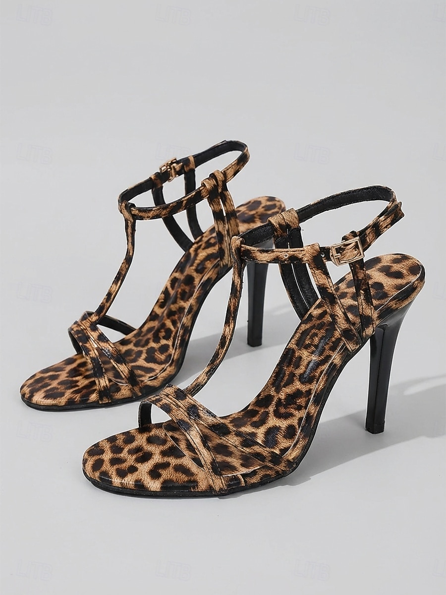 Damessandalen met luipaardprint en stilettohak, met T-bandje, sexy feestschoenen met hoge hakken voor het uitgaansleven, open teenschoenen met hakken voor in de club of cocktailparty. 2026 - $42.99 –P1