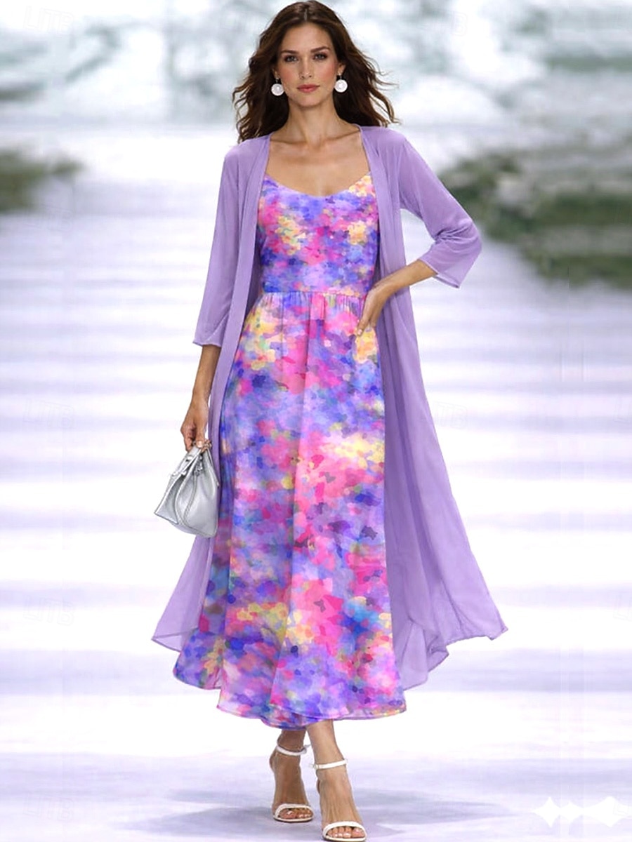 Mujer Conjunto de vestido Vestido de una línea Elegante Vacaciones Floral Graphic Multi capa Estampado Vestido maxi Manga 3/4 Escote en Pico Diario Vacaciones Rosa Morado Verano Primavera Ajuste 2026 - $51.99 –P4