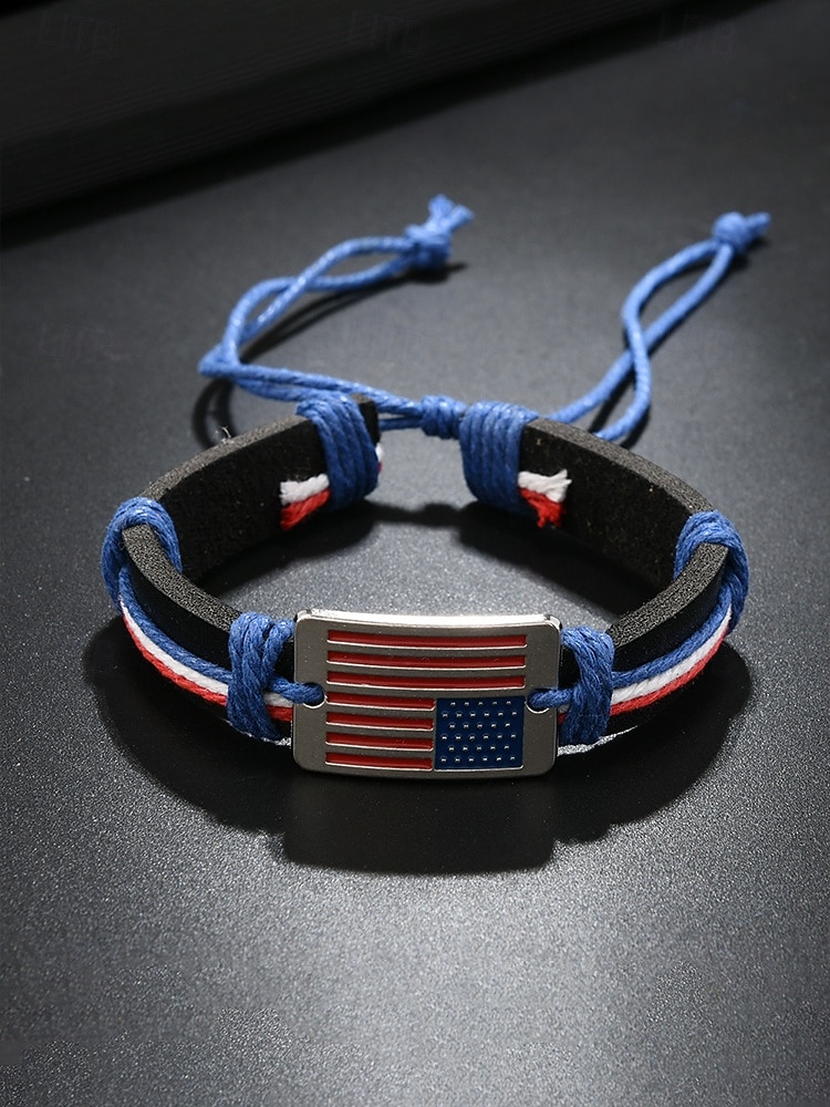 צמיד עור מתכוונן לגברים עם עיצוב דגל אמריקאי, חומר עור אמיתי, סגנון פטריוטי, מושלם לציון 250 שנה לארה"ב, יום העצמאות וללבוש יומיומי חיצוני 2026 - $7.99 –P5