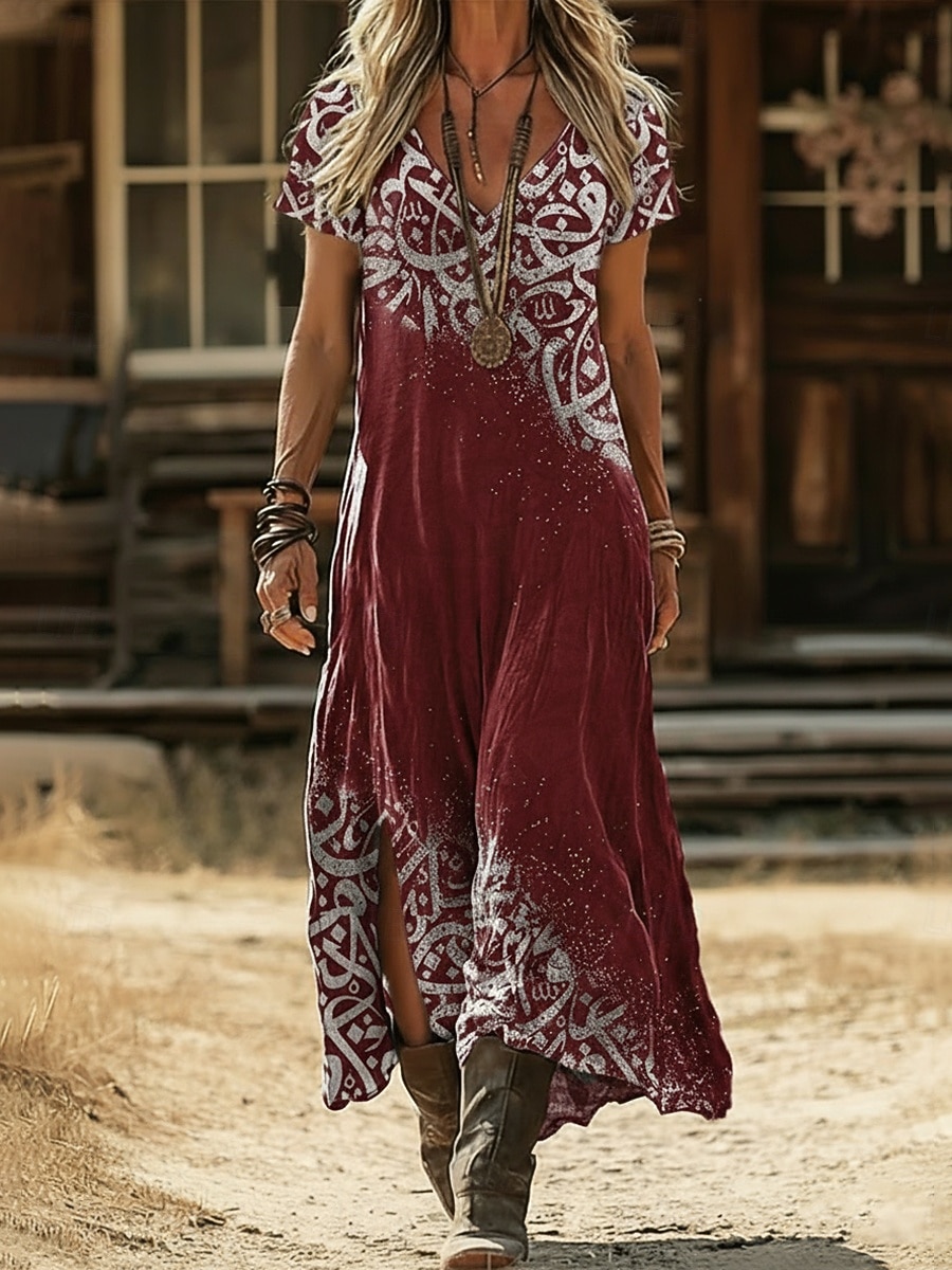 2026年 女性用 マキシドレス 自由奔放に生きるドレス カジュアルドレス A ラインドレス プリントドレス ヴィンテージ アウトドア バケーション 週末 ルーズフィット グラフィック 半袖 Ｖネック ブラック イエロー ライトグリーン ピンク 夏 春  コレクション – $12.49 –P15