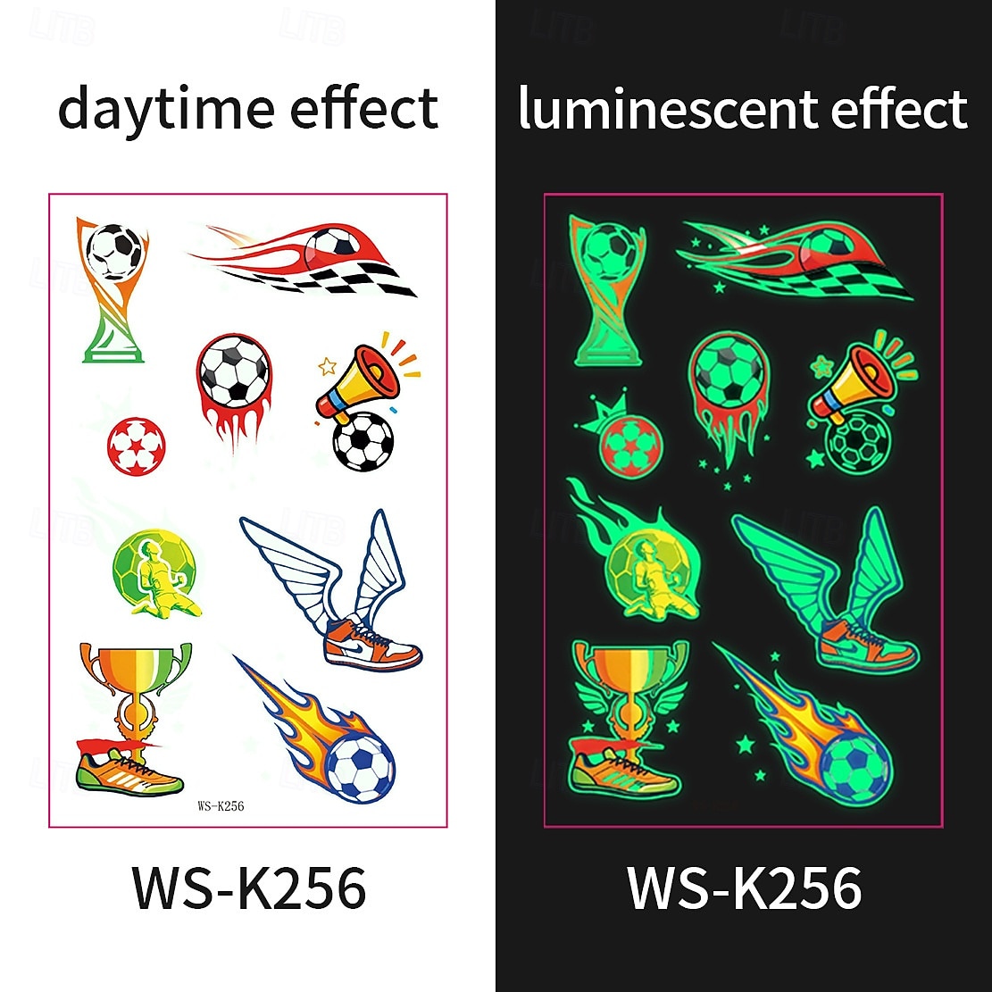 10 db sötétben világító foci ideiglenes tetoválás, neonzöld reaktív, vízálló &könnyen eltávolítható testfesték, játékosokkal, trófeákkal, lángokkal díszítve, tökéletes fociparti ajándékok &ajándékok 2026 - $9.99 –P14