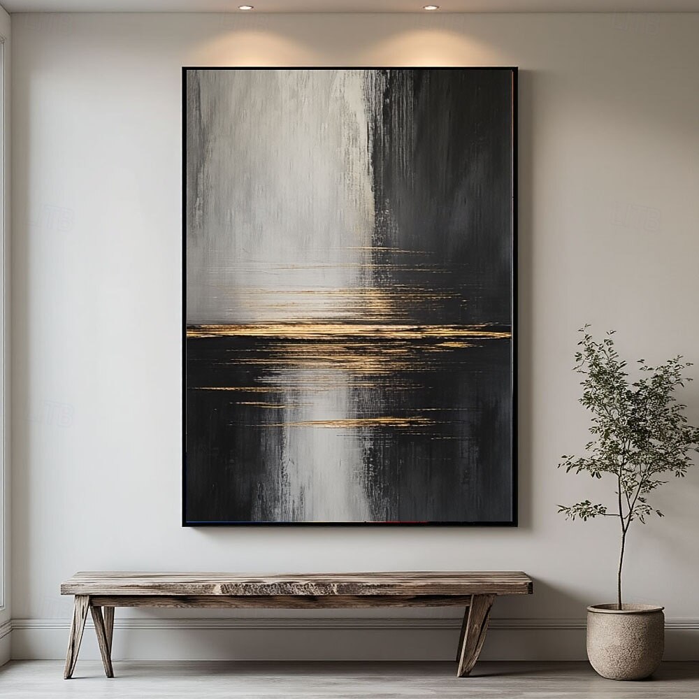 Large Black Wall Art Black & Gold Abstract Minimalist Paining Wabi Sabi ...
