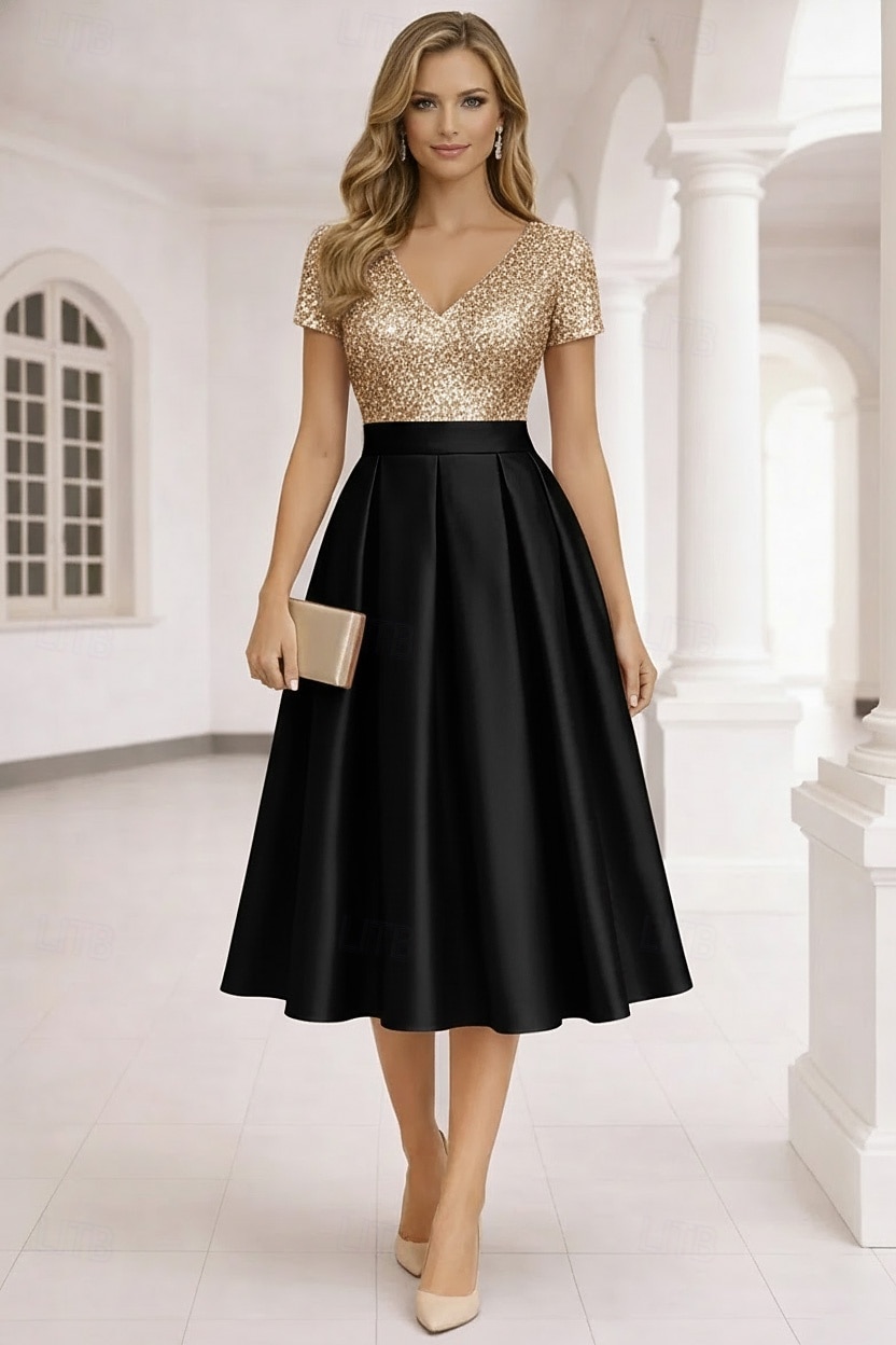 A-Line Tea Length Cocktail Dresses Elegant Short Sleeve V Neck Garden Party Wedding Satin Sequined with Pleats Sequin 2026 - $148.99 –P5