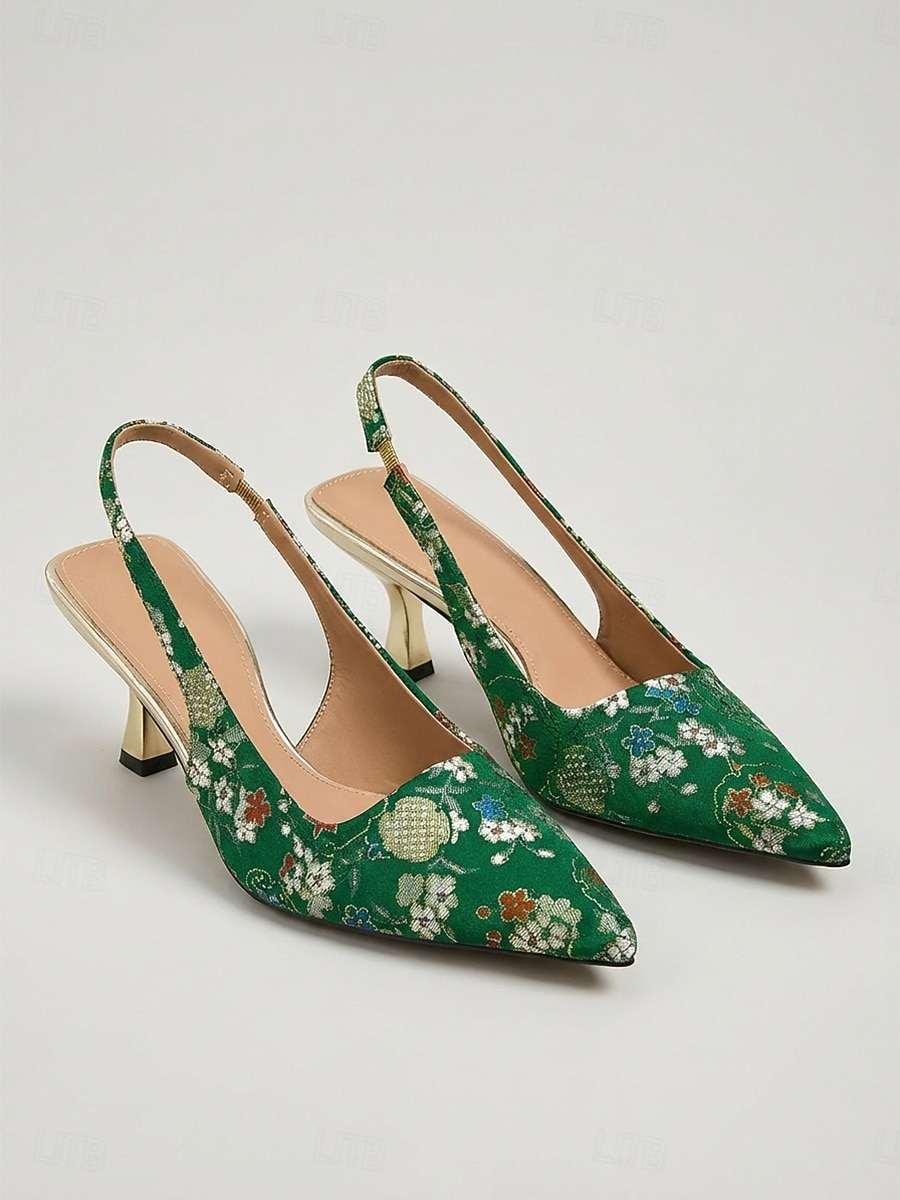 Escarpins à bride arrière verts fleuris pour femme, ornés d'un talon sculpté ; chaussures élégantes pour la mère de la mariée lors d'un mariage en ville ; escarpins pointus d'inspiration vintage pour de 2026 ? $46.99 –P1