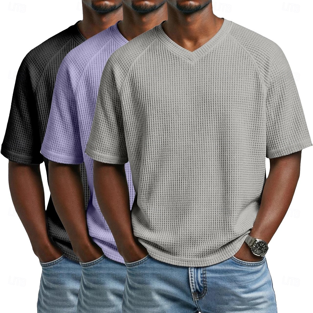 3 pezzi t-shirt da uomo waffle maglietta a maniche corte scollo a V estate tinta unita testurizzata alla moda designer casual multipack maniche raglan casual quotidiano esterno blu bianco maglietta del 2026 a $51.99 –P7