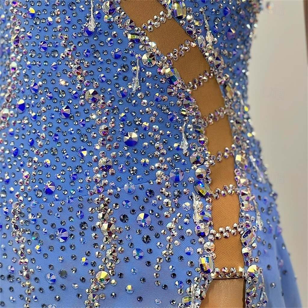 Figure Skating Dress Girls' Ice Skating Dress Blue Patchwork Asymmetric Hem Stretchy Training Competition Skating Wear Classic Crystal / Rhinestone Sleeveless Ice Skating Figure Skating 2026 - $273.99 –P3