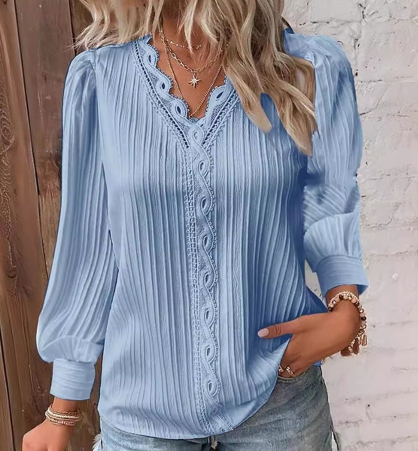 Women's Lace Shirt Blouse Lace Patchwork Solid Color Stylish Casual Long Sleeve V Neck Regular Tops Daily Blue Black White Yellow Red Spring Fall 2026 - $19.99 –P5