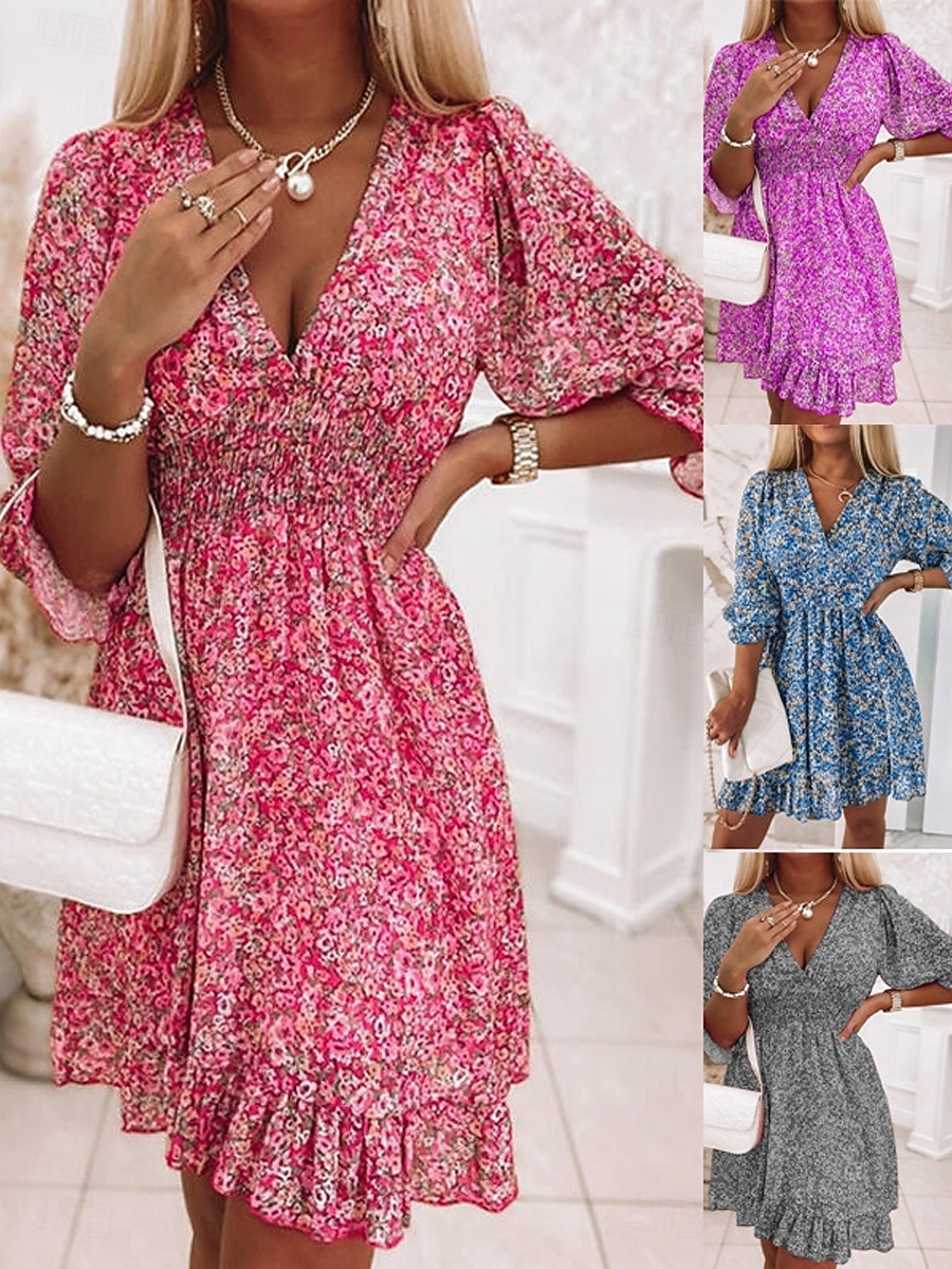 Mulheres Minivestido Vestido Boho Vestido antigo Vestido casual Vestido floral Elegante Moda Moderno Praia Férias Para Noite Normal Floral Meia Manga Decote V Azul Verde Cinzento Verão Primavera de 2026 por $27.99 –P1