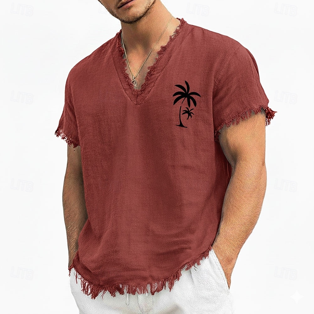 T-shirt da uomo con scollo a V in misto lino e cotone con stampa di palme, orlo a vivo, ideale per l'estate, la spiaggia, le vacanze al mare, maniche corte, morbida e casual, alla moda, taglie S-3XL. del 2026 a $24.99 –P3