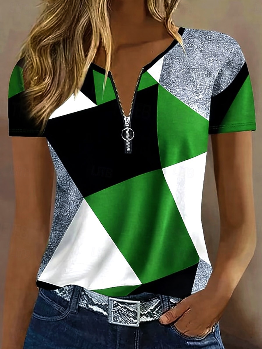 Dámské Tričko Zip Čtvrtletní zip Grafika Geometrický Abstraktní Vinobraní Tropický vzhled Havajské Krátký rukáv Tričkový Běžné topy Svatba na pláži Denní Sport Vodní modrá Černá Světlá růžov 2026 - $9.49 –P9