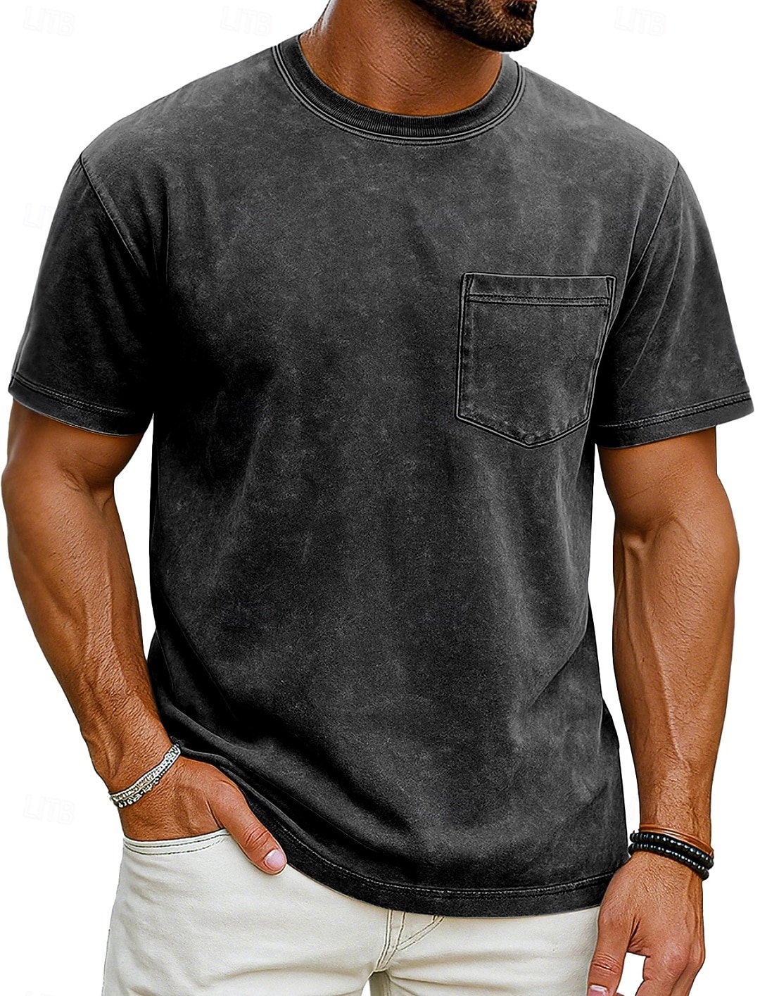 Herr T-shirt Tvätta skjorta i 100 % bomull Kortärmad Rund hals Sommar Vår Alla årstider Ensfärgat Elegant Vintage Neutral Ficka Färgade plagg Bedrövad Ledigt Hem Utomhus Svart Rosa Brun Topp t-shirt 2026 - $20.99 –P8