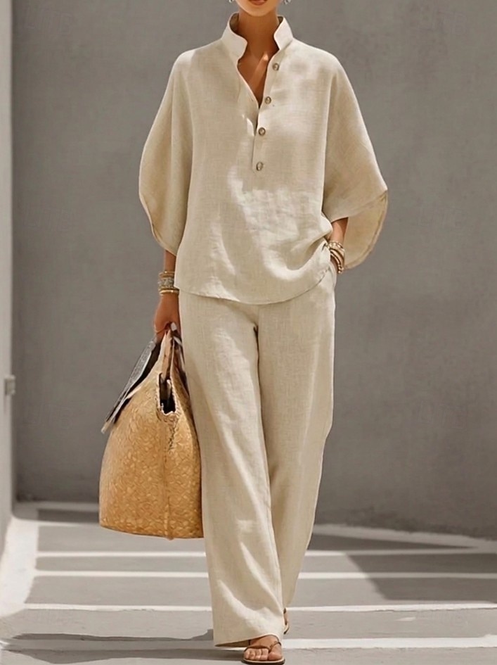 Mulheres Conjuntos de linho de algodão Manga 3/4 Colarinho Chinês Côr Sólida Diário Angustiado Casual Diário Preto Amarelo Vinho Verão Ajuste Largo de 2026 por $41.99 –P2