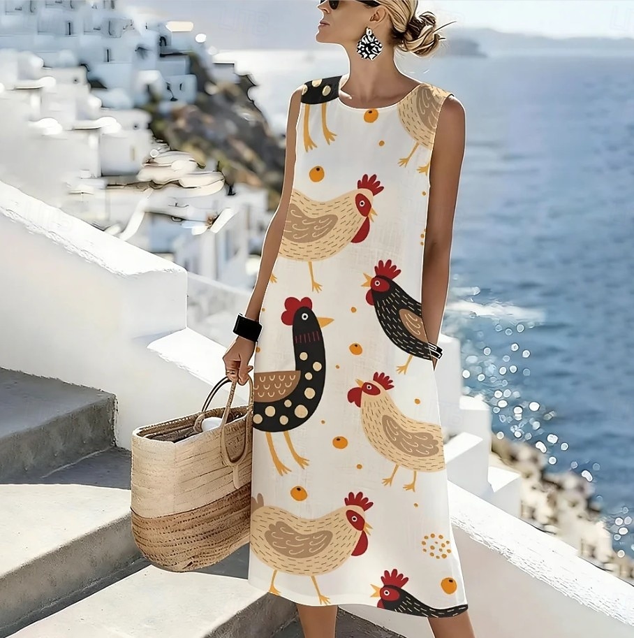 Women's Midi Dress Shift Dress Sundress A Line Dress Vacation Casual Boho Beach Going out Regular Fit Graphic Animal Sleeveless Crewneck White Sky Blue Beige Summer Spring 2026 - $39.99 –P6