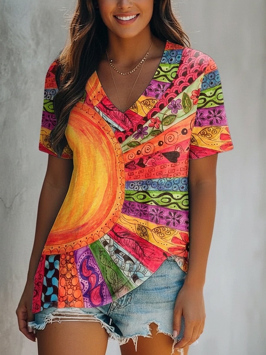 Damen T Shirt Druck Blumen Grafik Farbblock Vintage Lässig Boho Kurzarm V Ausschnitt Normale Oberteile Täglich Orange Sommer Frühling 2026 - $19.99 –P1