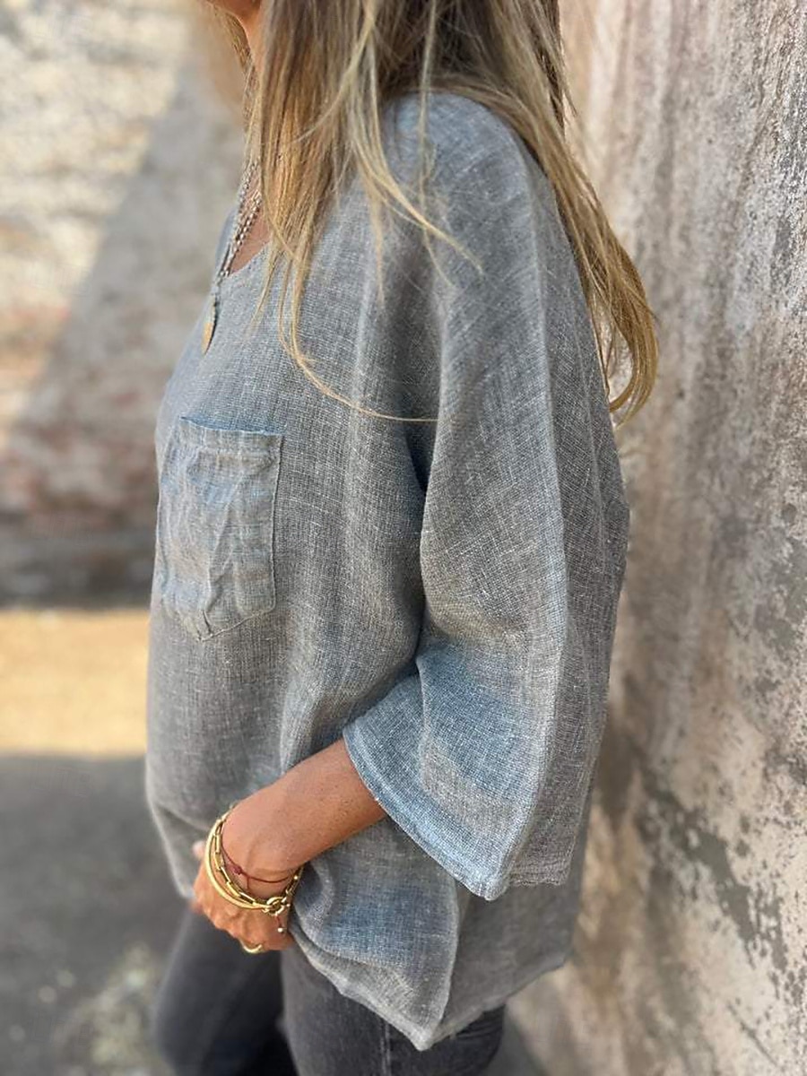 Mujer Mezcla de lino Blusa Retazos Bolsillo Plano Elegante Clásico Moderno Manga 3/4 Cuello Barco Tops regulares Tops largos Diario Festivos Noche Verde Claro Caqui Albaricoque Gris Verano Primavera 2026 - $22.99 –P2