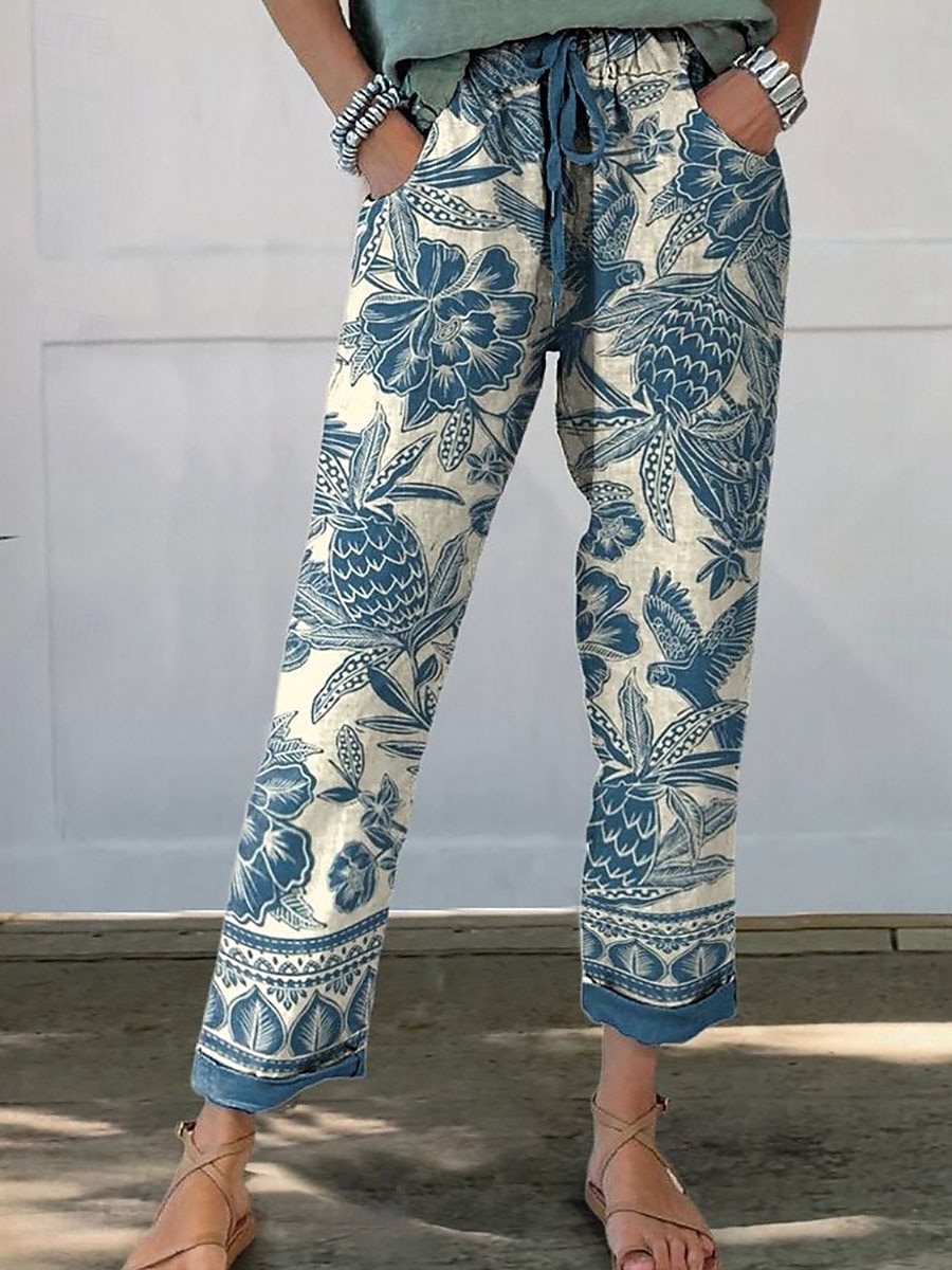 Damen Chinos Gerade Urlaub Streetwear Lässig Volle Länge Mittlere Taillenlinie Blumen Grafik Kordelzug Tasche Drucken Bequem Komfort Atmungsaktiv Mikroelastisch Täglich Outdoor Streetwear Blau 2026 - $24.99 –P5