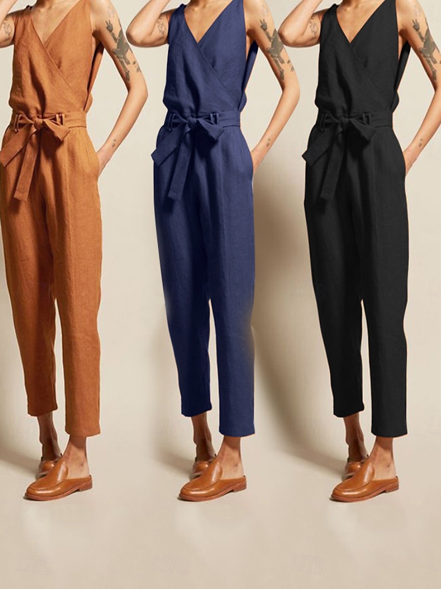 Mulheres Normal Macacão Ativo Côr Sólida Sem Manga Decote V Bolsos Diário Férias Ajuste Largo Preto Azul Marinha Marron Verão de 2026 por $27.99 –P1