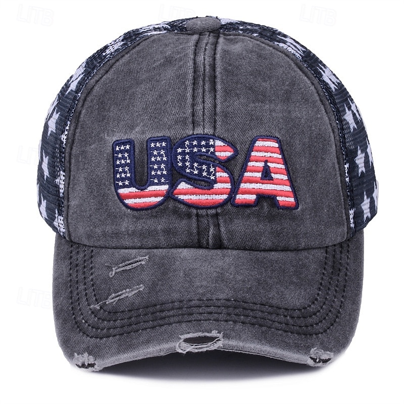 Cappellino da baseball patriottico in cotone lavato con stella della bandiera americana ricamata, cappellino da camionista vintage effetto invecchiato con rete per uomo e donna, 4 luglio, giorno del 2026 a $16.99 –P2