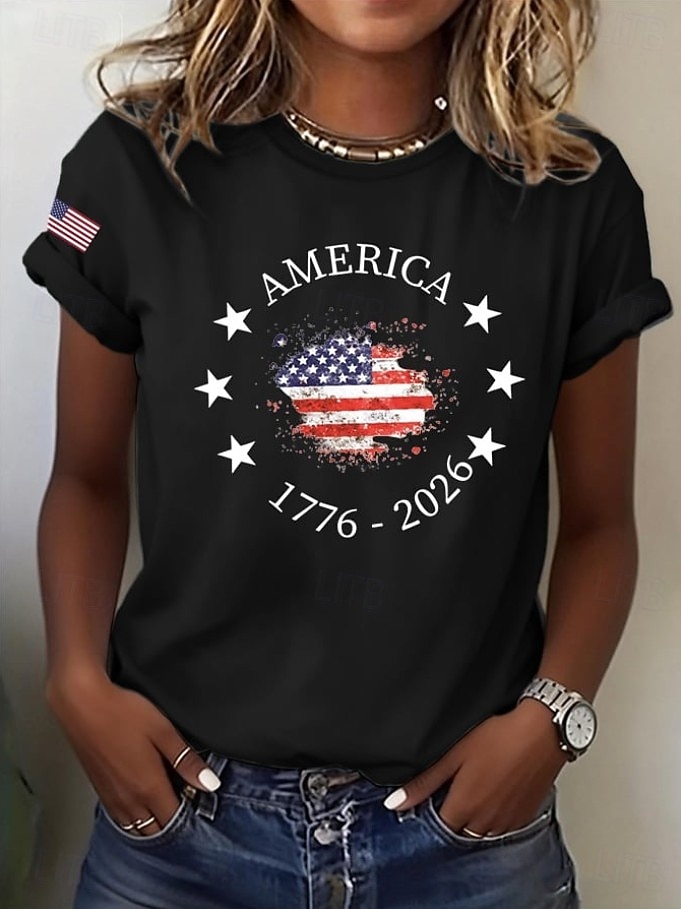 Amerikan itsenäisyyspäivä Naisten T-paita Painettu Kuvitettu Lippu Kirjain Vintage Tyylikäs Klassinen Lyhythihainen Tiukka pyöreä kaula-aukko Tavalliset topit Päivittäin Sininen Musta Valkoinen 2026 - $22.99 –P2