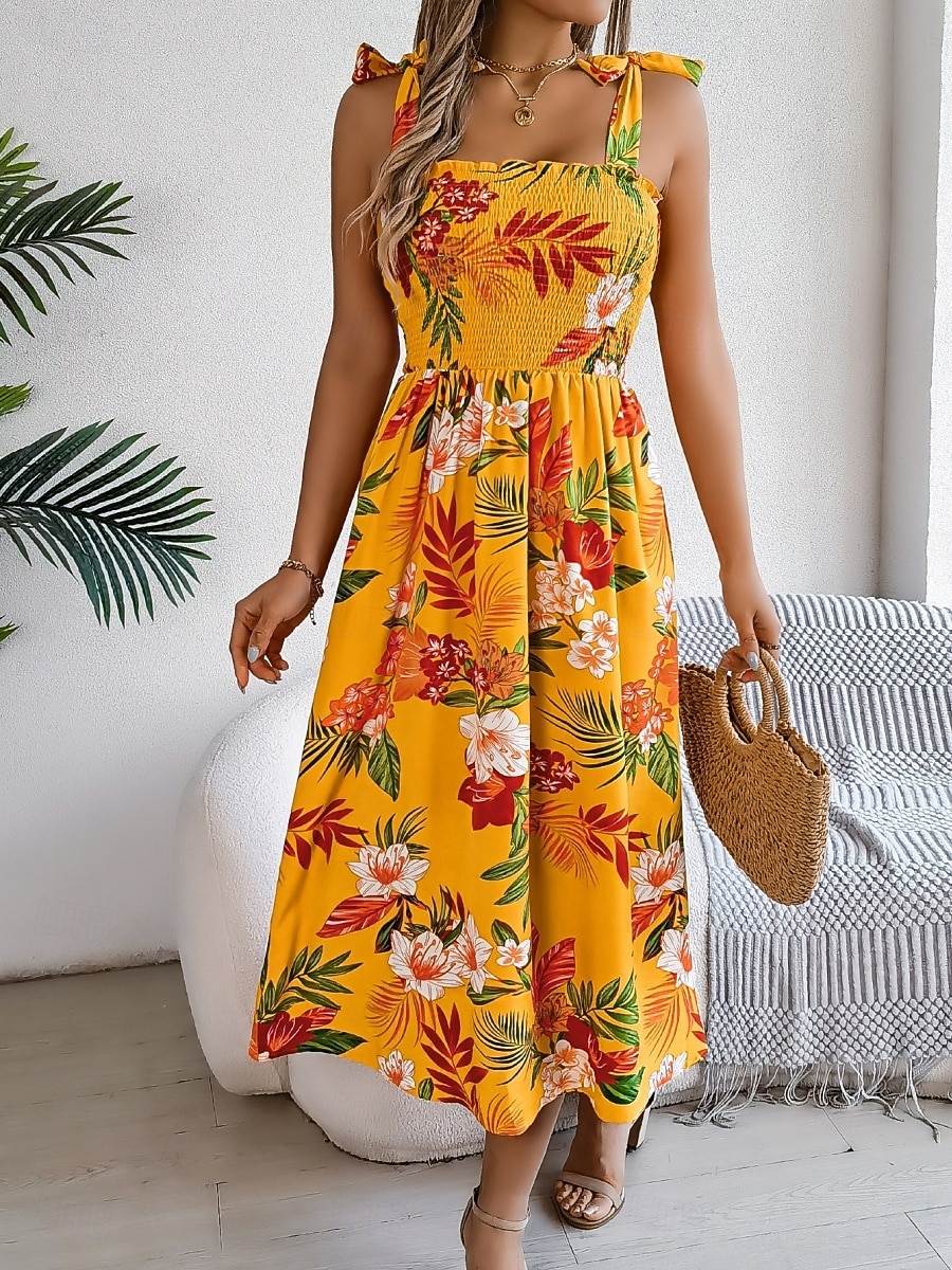 Women's Midi Dress Beach Dress A Line Dress Floral Dress Slip Dress Elegant Fashion Modern Outdoor Beach Vacation Regular Fit Floral Sleeveless Square Neck Blue Yellow Green Summer Spring 2026 - $26.99 –P2