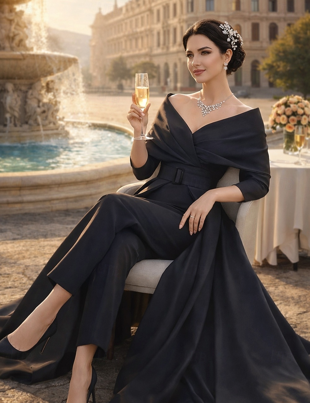 Tvådelad Byxor Ankellång Klänning till brudens mor 3/4 ärm Rundhals Över axeln Elegant party Formell Bröllopsgäst Stretchtyg med Bälte / band 2026 - $167.99 –P3