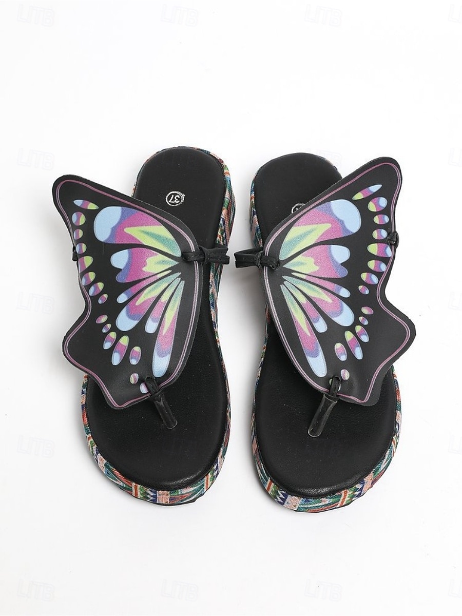 Women's Bohemian Brown Butterfly Wedge Sandals - Comfortable Platform Thong Flip Flops with Colorful Pattern for Luxury Hotel Poolside, Beach Resorts & Summer Vacations 2026 - $26.99 –P1
