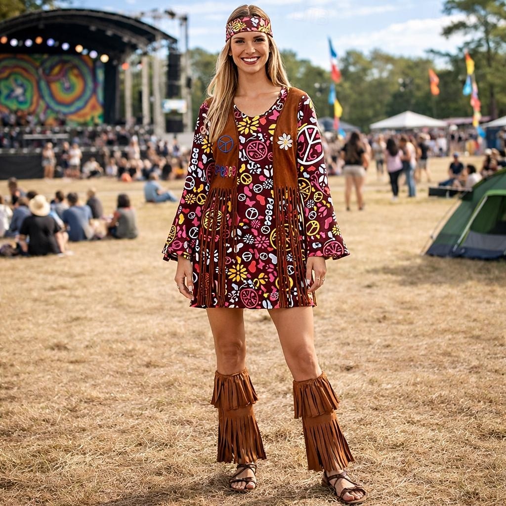 Set Retro Vintage 1970er Kleid Kopfschmuck Zubehör langarm Hippie Disco Fransen Blumen Kostüm Damen Halloween Karneval Musikfestival Retro-Mottoparty Erwachsene Kleid Kopfschmuck Weitere Accessoires 2026 - $54.99 –P1