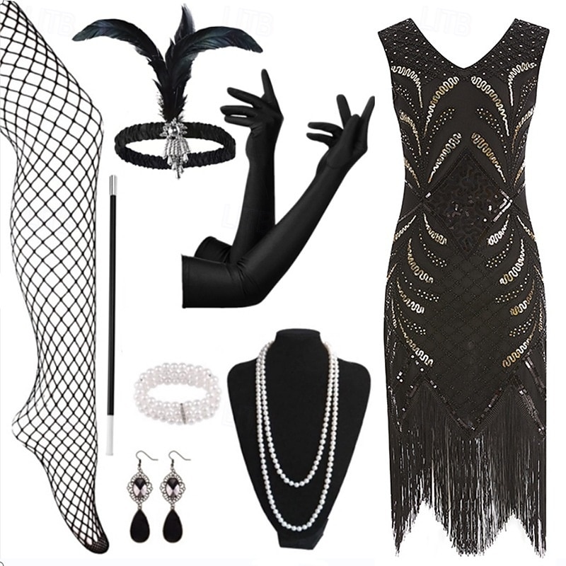 Set Anni Ruggenti Anni 1920 Lunghezza al ginocchio Vestito Abito Flapper Abiti con accessori Senza maniche Il grande Gatsby Charleston Taglie Forti Frangia con nappe Scollo a V Costume Per donna del 2026 a $62.99 –P5