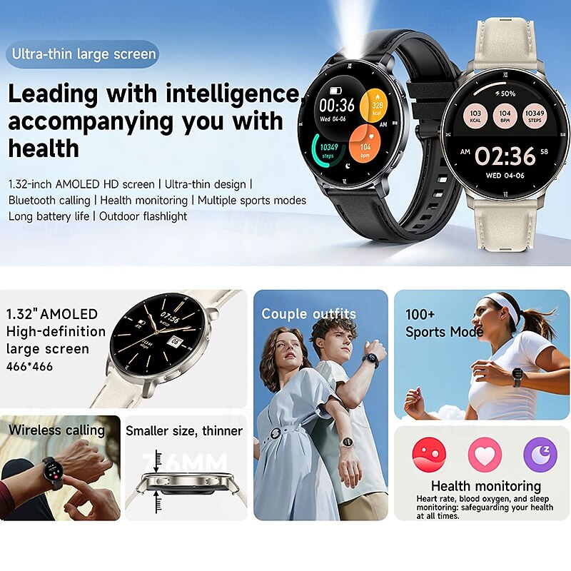 Smart Watch with Built-in Flashlight for Men Women, Round HD Touch Screen Fitness Tracker with Heart Rate Sleep Monitor, Waterproof Sport Smartwatch for Android iOS, Pedometer, Stylish Leather Strap 2026 - $43.99 –P1