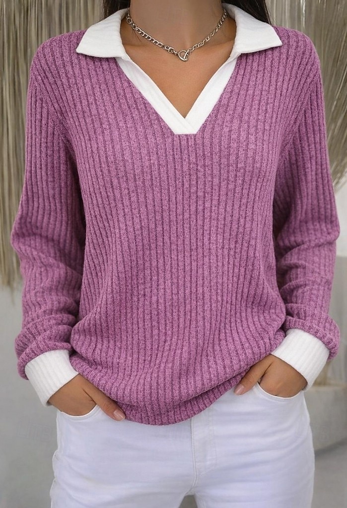 Damen Rippstricktops T Shirt Falscher Zweiteiler Kontrastfarben Stilvoll Lässig Langarm V Ausschnitt Hemdkragen Normale Oberteile Täglich Ausgehen Schwarz Pudriges Rosa Staubiges Blau Khaki Leicht 2026 - $25.99 –P3