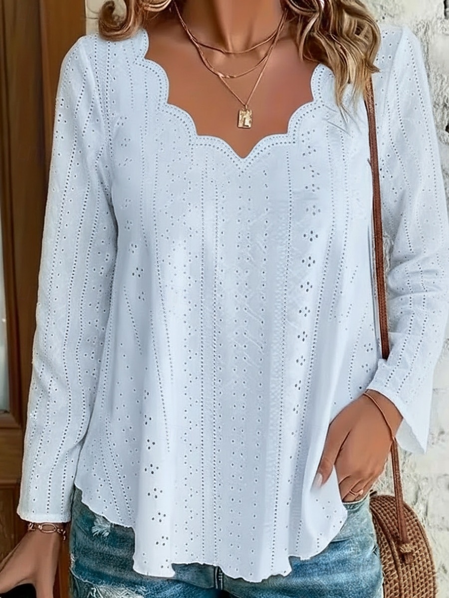 Mujer Camisa de punto Parte superior con ojales Blusa Ahuecado Plano Activo Casual Manga Larga Escote en Pico Tops regulares Casual Diario Playa Azul Piscina Negro Blanco Rosa Verde Trébol Verano 2026 - $26.99 –P3