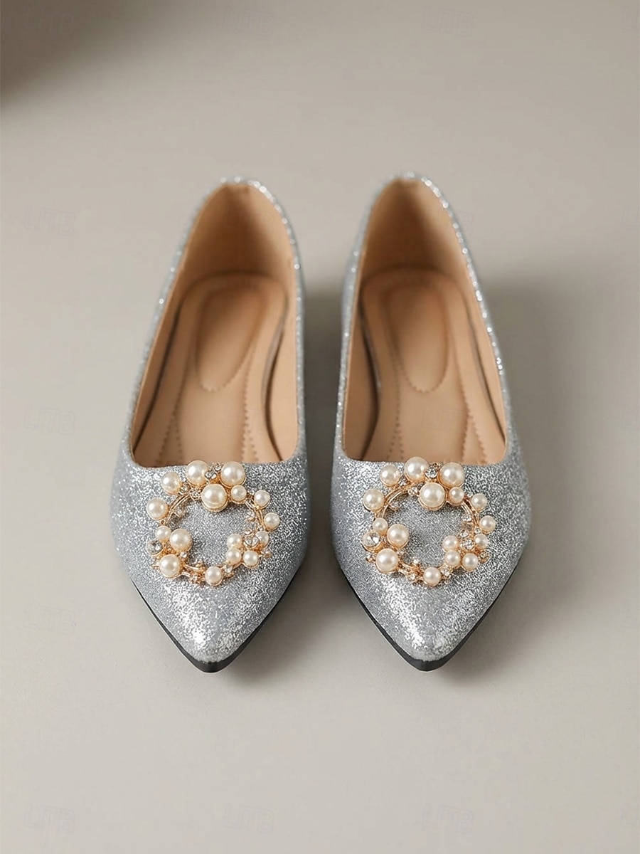Ballerines dorées à paillettes ornées de perles, élégantes chaussures pour la mère de la mariée lors d'un mariage en ville, ballerines confortables à bout pointu pour une occasion formelle. de 2026 ? $42.99 –P3