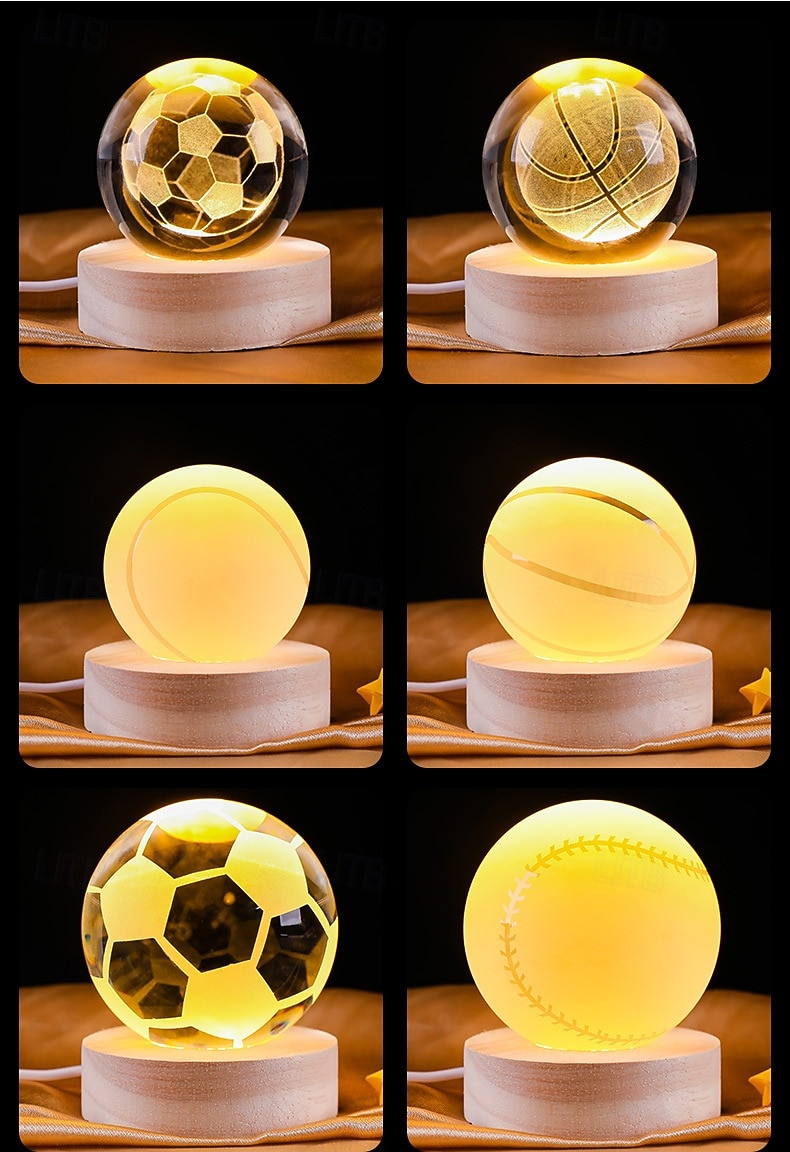 Lampada a sfera di cristallo 3D da 6 cm con disegno sportivo inciso: calcio, basket, badminton, tennis, luce notturna a LED alimentata tramite USB con base in legno per camera da letto, feste, del 2026 a $8.99 –P3