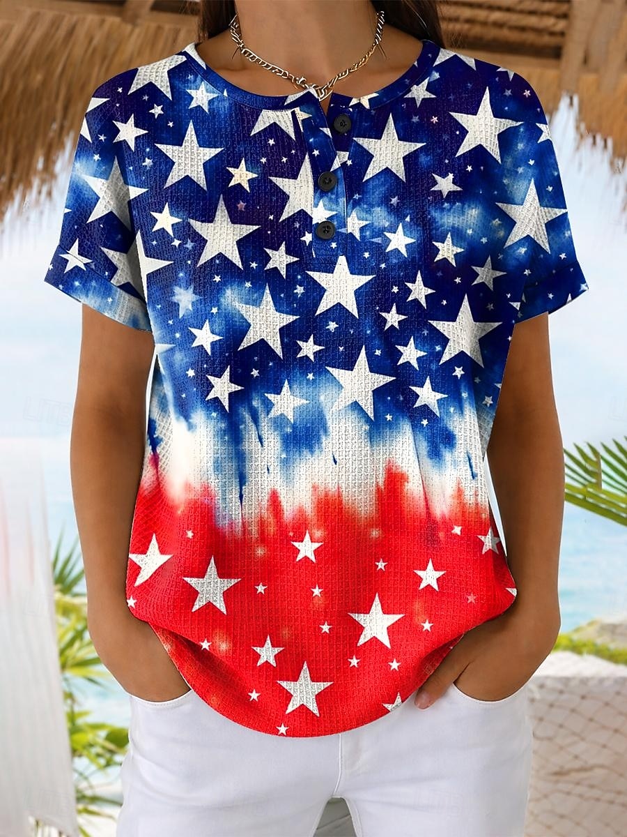 American Independence Day Women's Waffle T Shirt Print Graphic Flag Stylish Classic Casual Short Sleeve Crew Neck Regular Tops Daily Blue White Red Summer Spring 2026 - $24.99 –P2