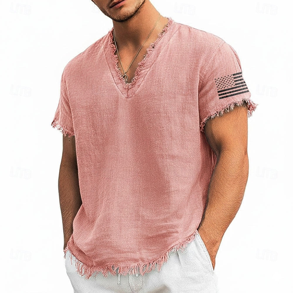 Men's American Flag Sleeve Printed Linen Cotton Blend V-Neck T-Shirt Raw Edge Summer USA Patriotic Beach Tee Frayed Soft Fashion Designer Top S-3XL 2026 - $24.99 –P1