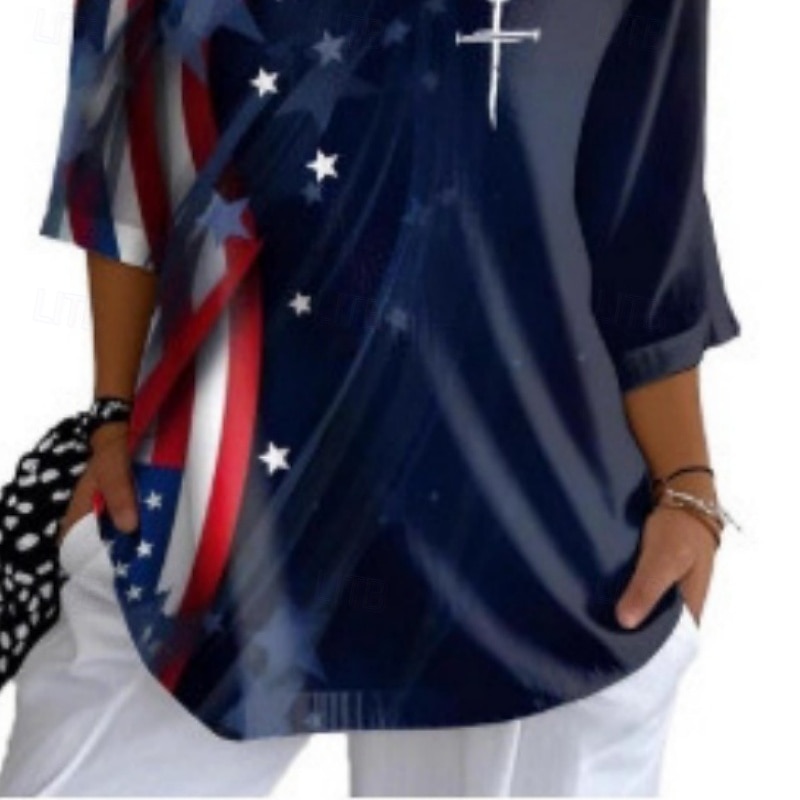 American Independence Day Women's Shirt Blouse Patchwork Buttons Vintage Stylish Classic Half Sleeve V Neck Regular Tops Daily Holiday Going out Navy Blue Summer Spring 2026 - $21.99 –P3
